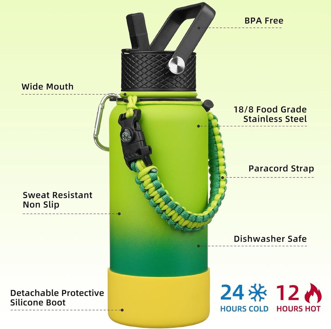 BJPKPK 32oz Insulated Water Bottles, Paracord Handle & Non-slip Boot, Stainless Steel Metal Water Bottle,Reusable BPA Free Thermos, Tumblers, Bamboo Grove