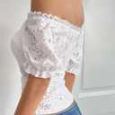 Lace Tops for Women Off Shoulder Going Out Tops Sexy Sheer Mesh Puff Short Sleeve Summer Crop Floral Corset Top (White, XL)