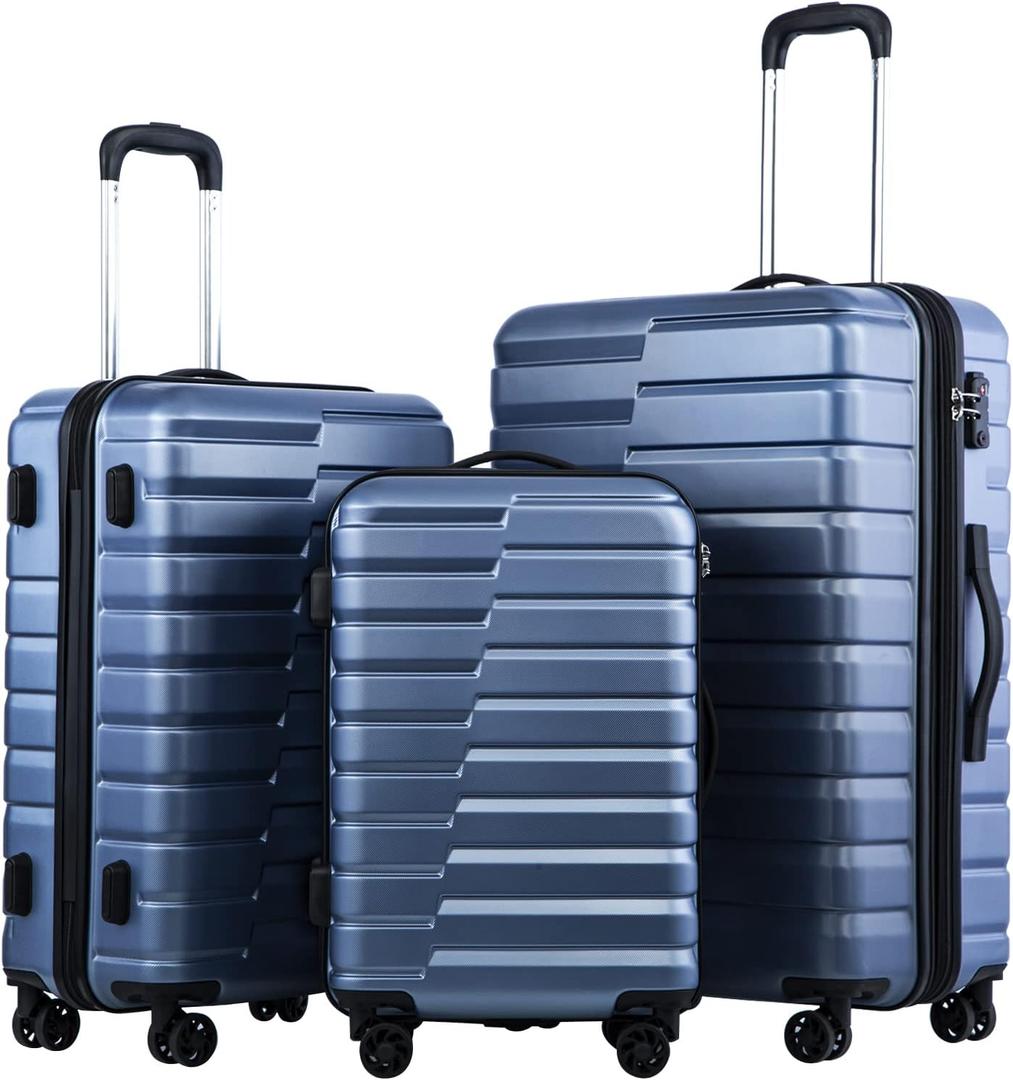 Coolife Expandable Suitcase Luggage set PC ABS TSA Lock Spinner Carry on 3 Piece Sets (Big is green, middle and small are blue). Three different size: Size: 20inch (22 x 8.9 x 15.2), 24inch (17.8 x 9.9 x 26.1) 28inch (20.1 x 11.8(13in when it is expl