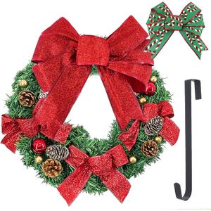 18 Artificial Christmas Wreath for Front Door with Pine Cone, Ball Ornaments and 2 Premium Bows, Indoor Outdoor Holiday Windows Wreath Flocked with Mixed Decorations