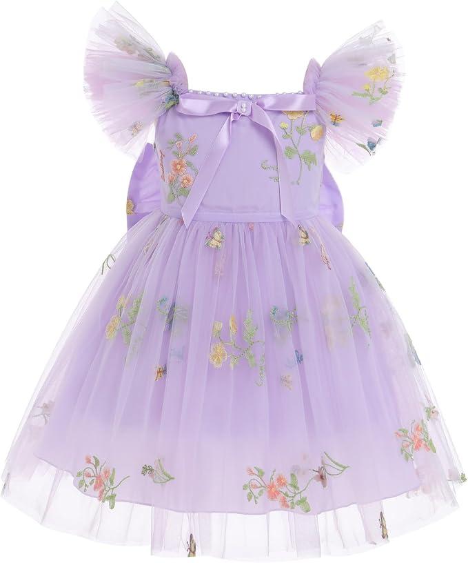 ODASDO Kids Tutu Tulle Floral Embroidery Princess Dress Birthday Party Outfit Flower Girls Wedding Guest Pageant Graduation Dress Child Summer Puffy Knee Length Dresses Photoshoot Lavender 9-10 Years