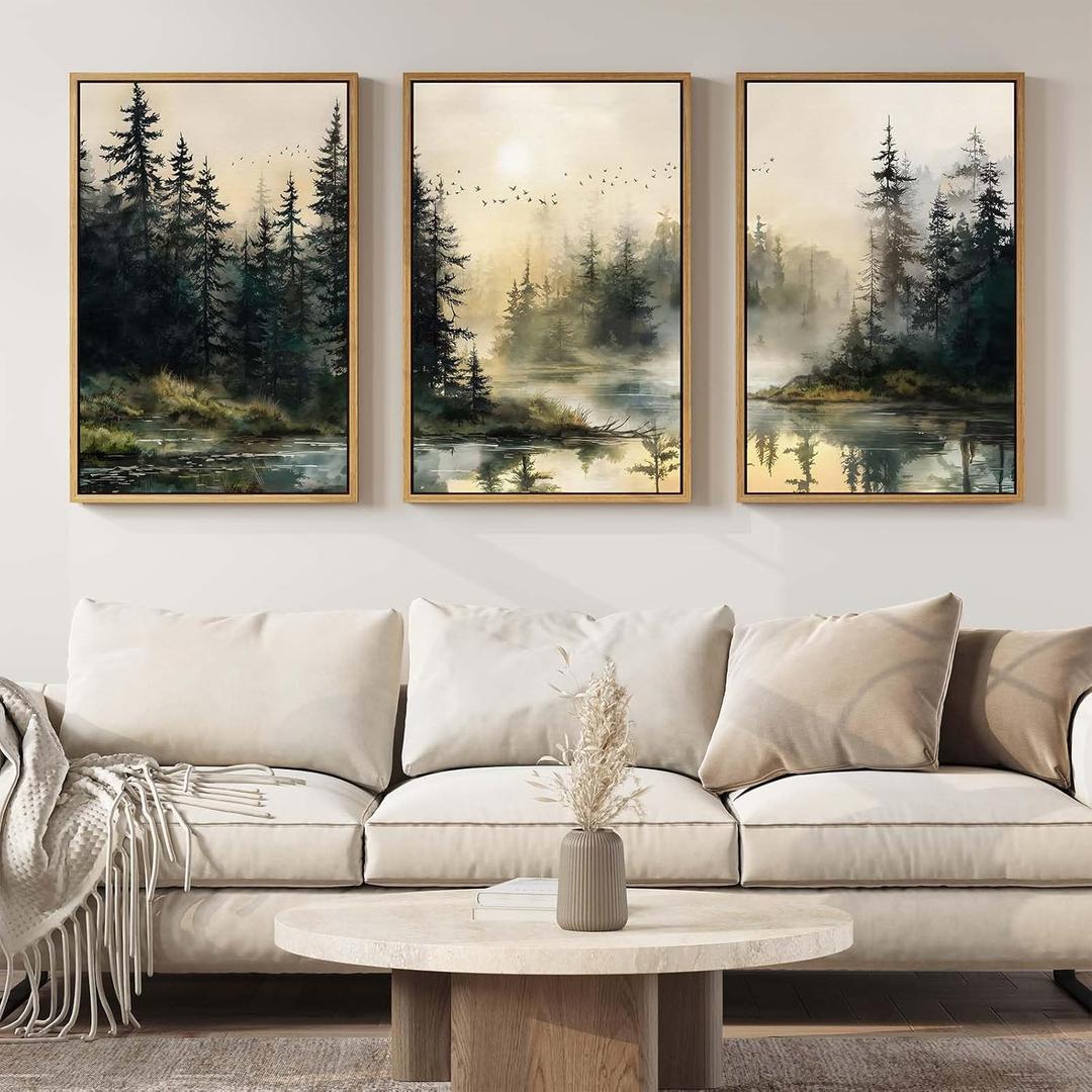 Framed Forest Landscape Wall Art for Living Room, Large 3 Piece Misty Pine Tree Nature Scenic Artwork for Walls, Rustic Woodland Sunset Canvas Painting Prints for Office Bedroom Wall Decor, 24x36 Inch