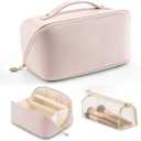 VLANDO Makeup Bag,Travel Toiletry Bag,Cosmetic Bag for Women PU Leather Portable Make up Bag for Skincare, Brushes & Travel Essentials-Apricot Pink