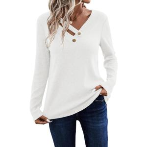 LOLONG Womens Long Sleeve V Neck T Shirts 2025 Casual Basic Ribbed Knit Work Tops (XX-Large)