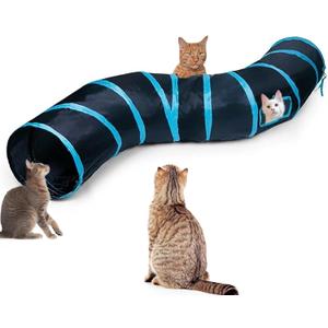 Cat Tunnel Tube ToysTunnels for Indoor Cats, S-Shape Blue Collapsible Interactive Toy with Balls for Rabbits, Kittens, Ferrets, Puppy (S - 2 Way Black Blue)