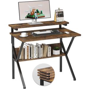 COTUBLR Small Desk, 27.5 Inch Small Computer Desk for Small Spaces, Computer Desk with Adjustable Monitor Stand, Compact Desk with Storage, Tiny Desk Study Desk for Bedroom Home Office, Rustic Brown