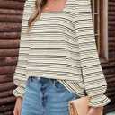 MEROKEETY Women's Fall Square Neck Striped Shirt Puff Long Sleeve Casual Loose Tops 2025 Trendy Blouse (L)