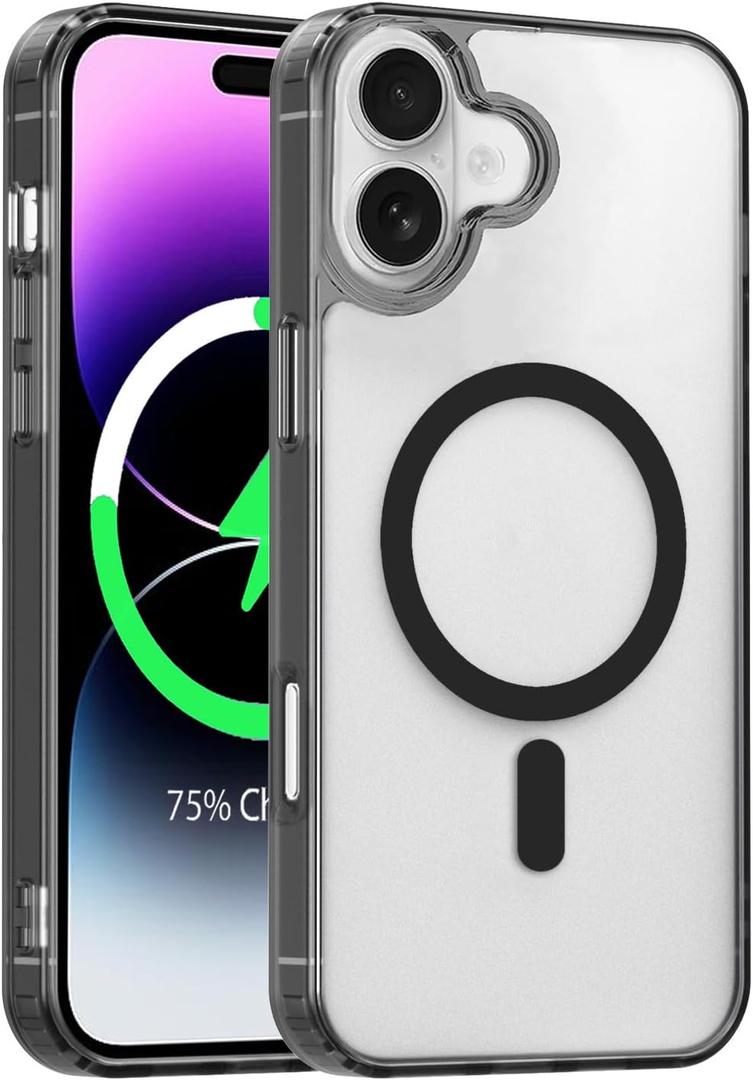 Magnetic Case for iPhone 17 Case Clear, Frosted Matte Translucent Phone Case Anti-Fingerprint Hard PC Cover + Shockproof Soft TPU Bumper Compatible with MagSafe, Transparent Black