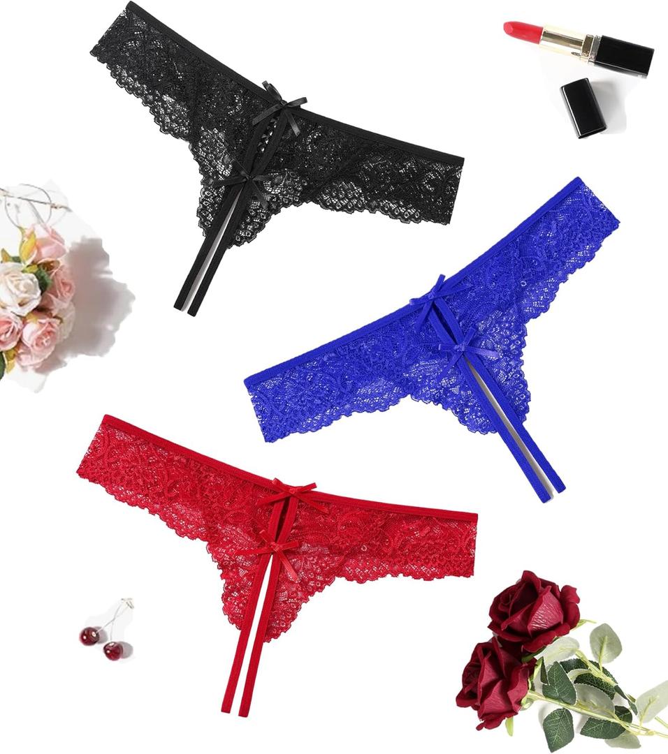 Avidlove Lace Thongs for Women Sexy Panties with Cute Bow Cheeky Briefs Criss Cross String Hipster Underwear 1-3 Pack (Small, Black+wine Red+royal Blue)