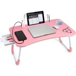 Slendor Lap Desk with Tablet Slot, Foldable Laptop Table with Storage Drawer for Bed, Portable Bed Desk for Laptop, Computer Tray with Cup Holder Notebook Stand Reading Holder for Couch Floor, Pink