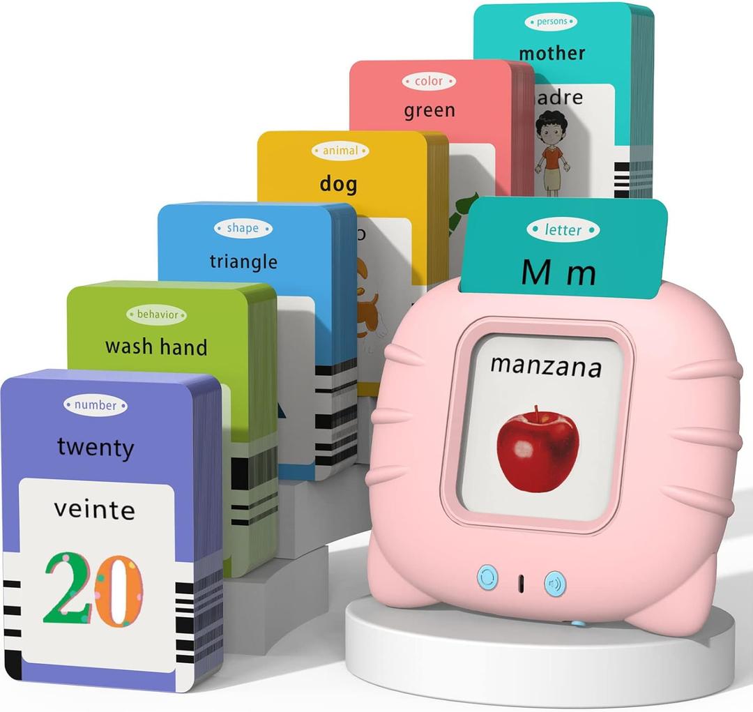 Startcan Spanish & English Talking Flash Cards for Toddlers 1 2 3 4 5 6, Audible Toys for Kids to Learn Spanish - 258 Cards and 516 Words(Pink)