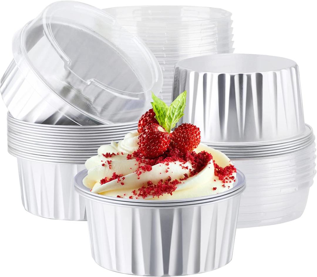EUSOAR Disposable Creme Brulee Ramekins, Silver 25Pcs 5oz Baking Cups with Lids Mini Muffin Liners, Dessert Cheesecake Pan Oven Safe Cupcake Containers for Catering Gathering Wedding Party