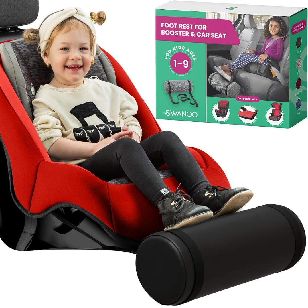 SWANOO Car Foot Rest with Extra Long Straps - Adjusts to Any Carseat or Toodlers Booster Seat - Black Leather Leg Rest for Kids