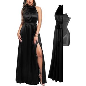 Popilush Wedding Guest Dress Formal Dresses for Women Shapewear Bodycon Fall Long Halter Cocktail Maxi Dress (XX-Large, Black)