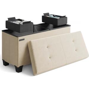 STORAGEBUD Storage Ottoman Bench with Bins, 30-in Storage Bench for Bedroom End of Bed, Folding Foot Rest Ottoman for Living Room Max 660lbs, Velvet Ottomans, Beige (15"D x 30"W x 15"H, 08 - Beige)