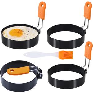 3.5" Egg Rings Set of 4 with Silicone Handle, Large Ring for Frying Eggs, Round Mold for English Muffins - Griddle Cooking Shaper for Indoor Camping Breakfast Sandwiches w/Silicone Oil Brush