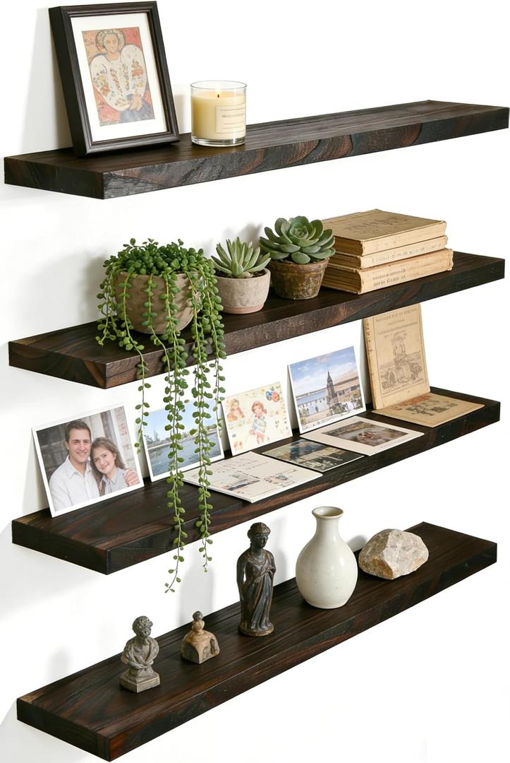24 Inch Rustic Wood Floating Shelves Farmhouse Wooden Wall Shelves for Bathroom Bedroom Living Room Kitchen Office Set of 4 Brown
