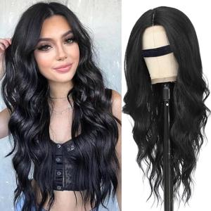 BEAUTIFA Black Wig for Women, Long Black Wavy Wig Middle Part 26 Inch Black Wigs Natural Looking Heat Resistant Synthetic Wig for Daily Party Use