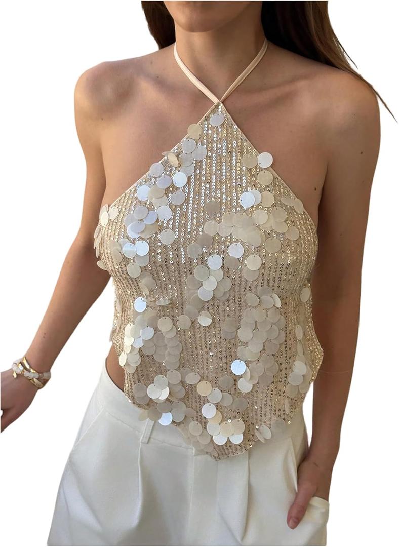 MakeMeChic Women's Sequin Halter Tops Sparkly Backless Sexy Cute Summer Camisole Top (Apricot), Size: X-Small