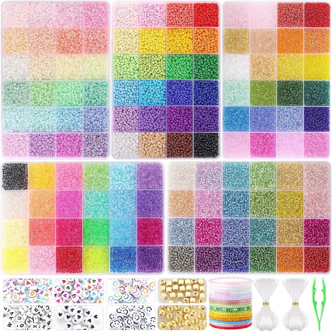 Funtopia 34000pcs+ 3mm Seed Beads for Jewelry Making, 5 Types 120 Colors Small Glass Beads for Bracelets, Friendship Bracelet Kit with Alphabet Letter Beads Smile Face Beads for DIY, Art and Craft