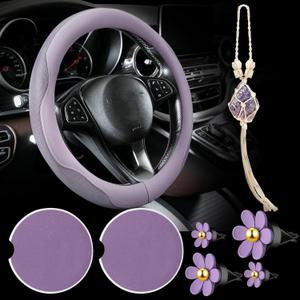 BBTO 4 Car Accessory Set, Steering Wheel Cover, Ceramic Coasters, Daisy Flower Clip Air Freshener, Crystal Hanging Ornament for Women(Purple)