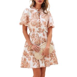 BTFBM Women Summer Floral Short Dresses V Neck Short Sleeve Tiered Ruffle Boho Swing Dress A-Line Mini Dresses (Large, White Apricot Floral)