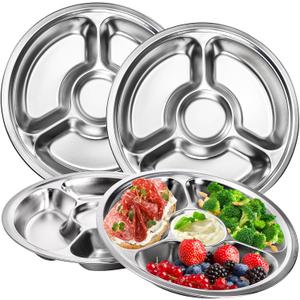 ZOOFOX Set of 4 Stainless Steel Divided Plates, Portion Control Plates with 4 Sections, Round Serving Platter, Cafeteria Mess Tray, Camping Dishes, 10 inches