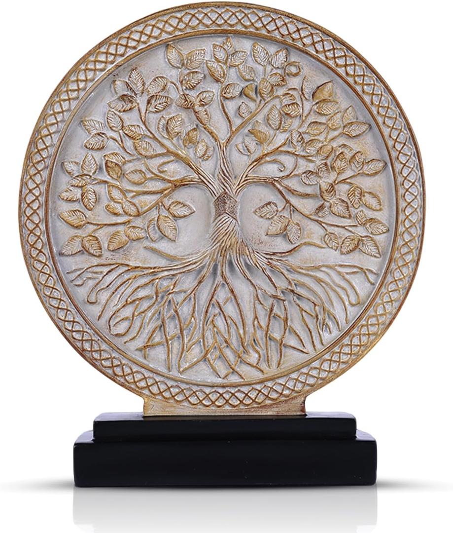 LCCCK Tree of Life Statue, Resin Round Tree Sculpture for Cabinet Decor, Shabby Chic Knick Knacks, Living Room Mantle Entryway Table Top Accent, Symbolic Family Roots Home Decor (Gray)