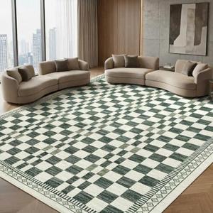 GarveeHome 9x12 Area Rug for Large Bedroom Modern Abstract Geometric Floor Carpet Low Pile Non-Slip High Traffic Dining Rugs Contemporary Checkered Area Rug for Living Room Sage Green