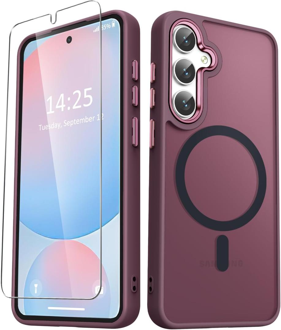 for Samsung Galaxy S25+ Plus Case, Matte Magnetic Phone Case with 1 Screen Protector, Support for Magsafe, Translucent Frosted Shockproof Protective Cover for Samsung Galaxy S25+ Plus, Wine Red