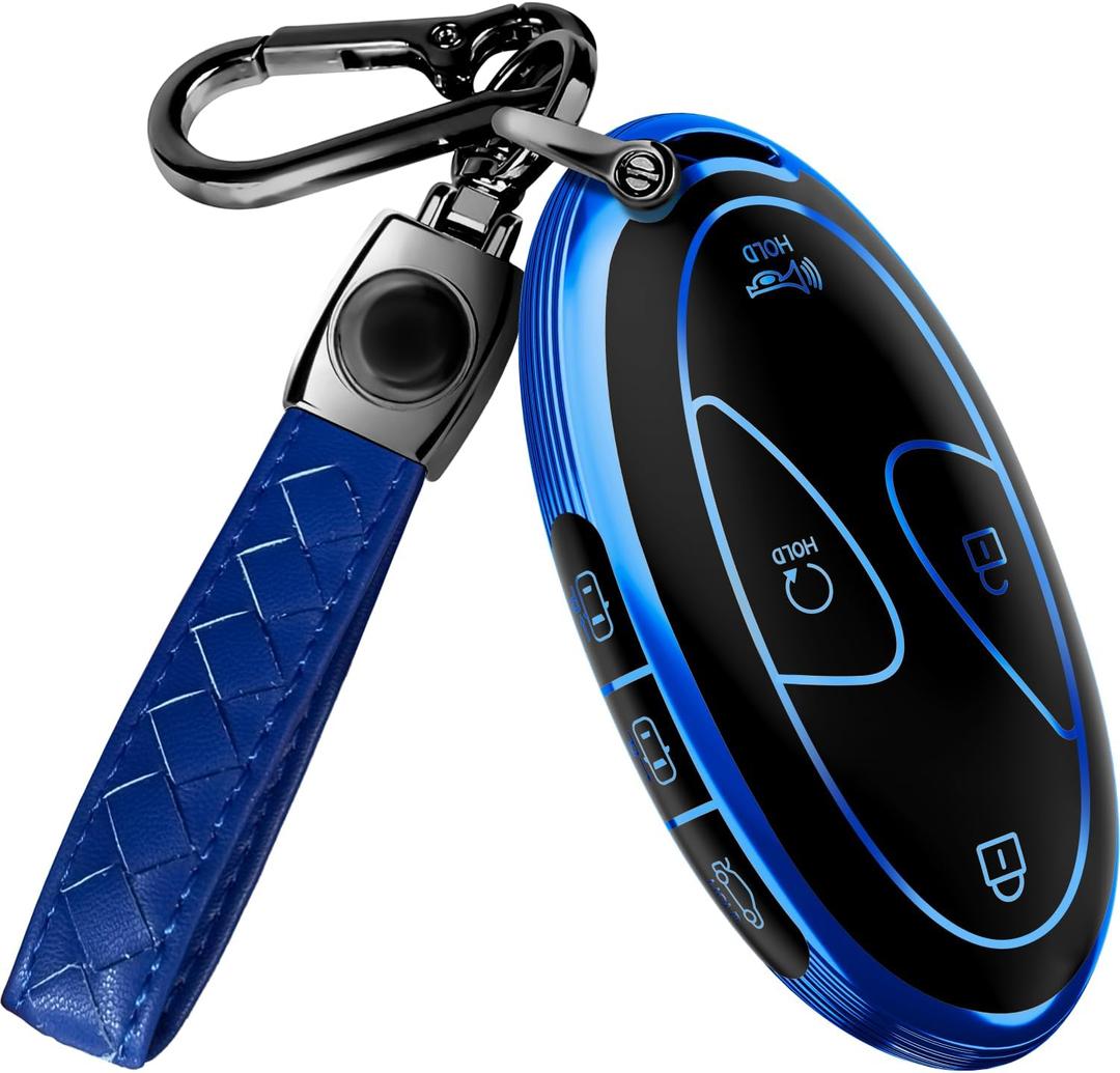 Lucrum Compatible with Hyundai Key Fob Cover & Leather Keychain, Keyfob Case for Santa Fe, Sonata, Tucson, Grandeur, Ioniq 6, KONA, Elantra - For 7 Button Remote (2022-2025) - Black and Blue