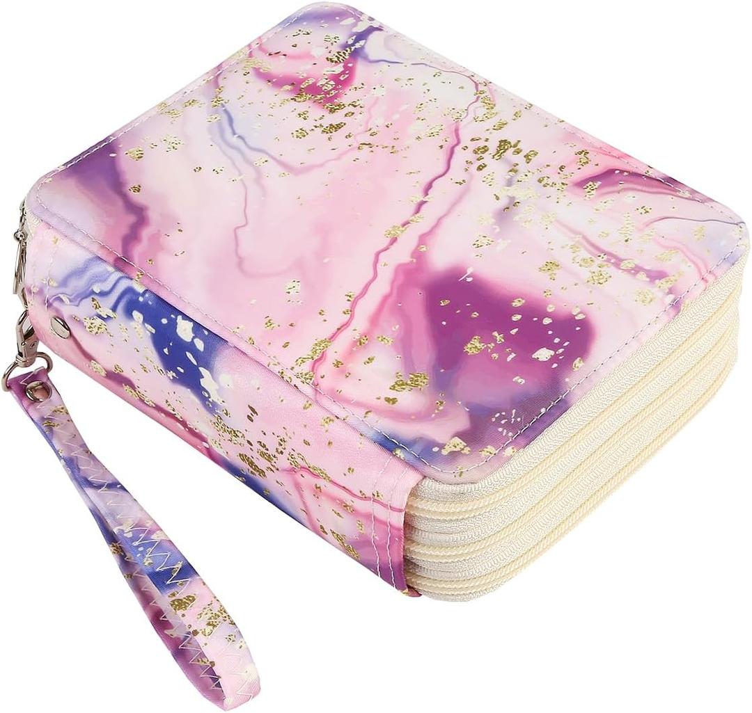Portable Colored 72 Slots Pencil case Organizer with Printing Pattern for Watercolor Pens or Markers, Pencil Case Organizer for Artist (Pink Marble Purple)