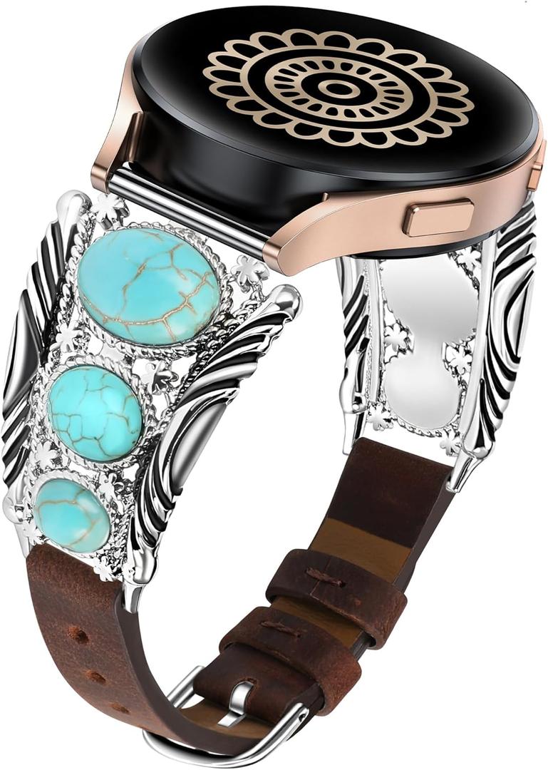 Minyee Leather Band Compatible with Samsung Galaxy Watch 7/6/5/4/FE/Active 2 40mm 44mm/Watch 6 Classic 43mm 47mm/Watch 5 Pro 45mm Band Women, Western Turquoise Boho Vintage Jewelry 20mm Watch Strap
