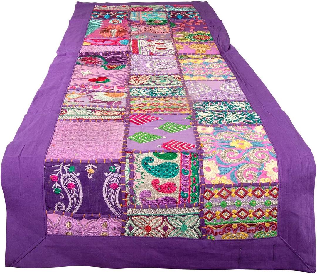 Tribe Azure 100% Cotton Table Runner Hand Embroidered Boho Bohemian Colorful Patchwork Indian Decoration Decor Tapestry (Purple Floral)