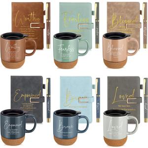 Motivational Christian Gifts for Women Men 15 oz Bible Verse Ceramic Coffee Mug A5 Journal Pen Religious Gift Set for Church Teacher Mom Dad Father Day(6 Set,Light Color,Classic)