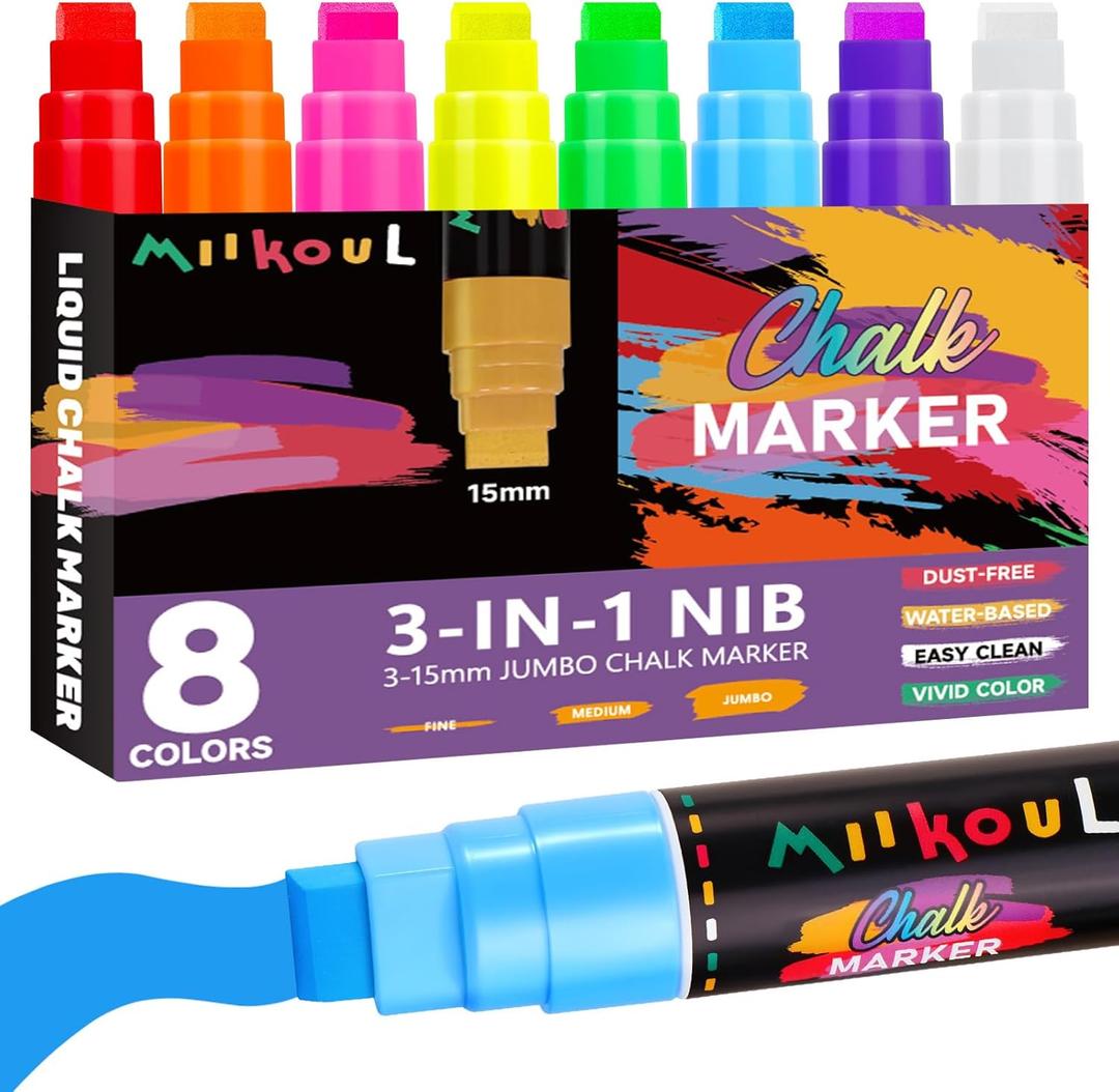 8 Colors Window Chalk Markers, Jumbo Liquid Erasable Painting Marker for Glass Washable Blackboard, 15mm 3 in 1 Nib Thick Tip, Big Chalkboard for Graduation School Art Cars Bistro Mirror Poste Auto