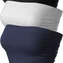 MixMatchy Women's 3 Pack Casual Summer Ruched Side Backless Double Layered Tube Top with Built in Shelf Bra (Large, 3pack - Black/White/Navy)