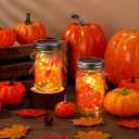 LemonRoad 2 Sets Thanksgiving DIY Craft Kit DIY Glass Mason Jar Solar Lanterns Fall Maple Leaf Table Centerpieces Decoration with Rope Brush Glue for Autumn Party Decor Classroom Activities Crafts