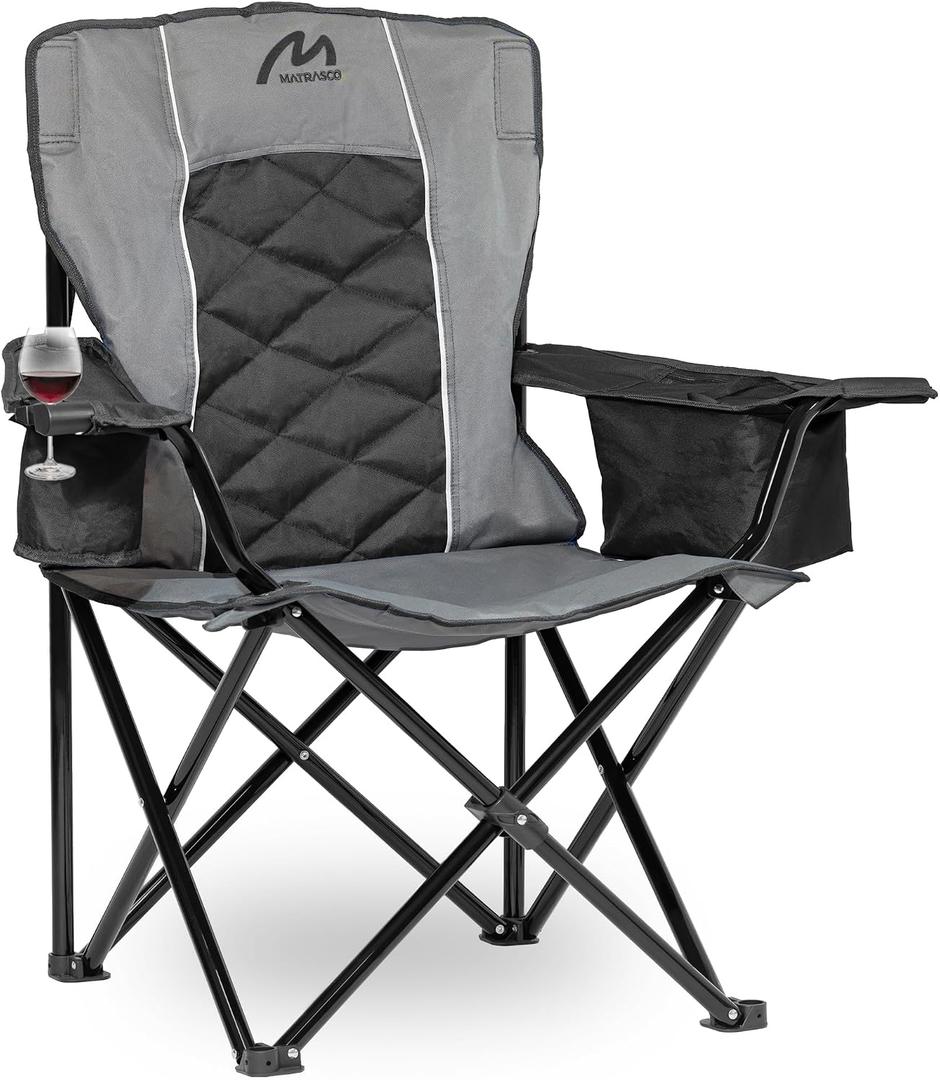 Oversized Padded Camping Chair, Heavy Duty Steel Frame, 450 lb Capacity, Folding Camp Chair with 6-Can Cooler, Carry Bag for Outdoor Camping, Beach, Hiking(Gray & Black)