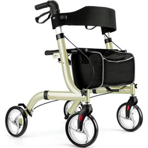 Winlove Rollator Walker for Seniors-Folding,with Seat and Four 8-inch Wheels-Medical Rollator Walker with Thick Backrest-Lightweight Aluminium Frame and Basket, Champagne