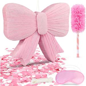 Pink Bow Pinata with Stick and Blindfold, Large Coquette Aesthetic Party Decorations for Girls Birthday, Baby Shower, Bridal Shower, Princess Theme Party Supplies, Includes Confetti & Rope  9.84"L x 7.87"W x 0.39"H