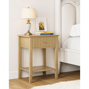 Fluted Nightstand, Farmhouse Night Stand with 1 Drawers, Mid Century Modern Side Accent Table,Bedside End Table for Bedroom, Living Room, Yellow Oak