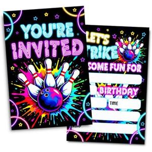 Set of 2 Pack, Neon Bowling Birthday Party Invitations, Bowling Party Invitations Card for Boys Girls (30 Cards & 30 Envelopes)
