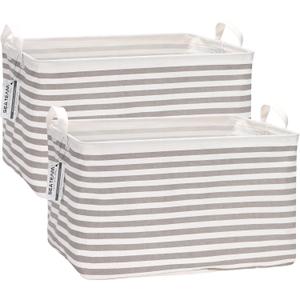 Sea Team 2-Pack Collapsible Canvas Fabric Storage Basket with Handles, Rectangle Waterproof Storage Bin, Box, Cube, Foldable Shelf Basket, Closet Organizer, 16.5 x 11.8 x 9.8 Inches, Grey Stripe