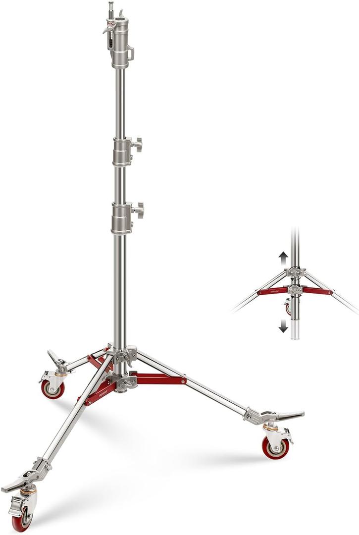 NEEWER Heavy Duty Stainless Steel Light Stand with Casters, 1-1/8" Junior Receiver, Spring Loaded 5/8" Baby Stud, Max Load 77lb, 7.9ft/240cm Junior Wheeled Stand for Studio Softbox Reflector, ST240SS