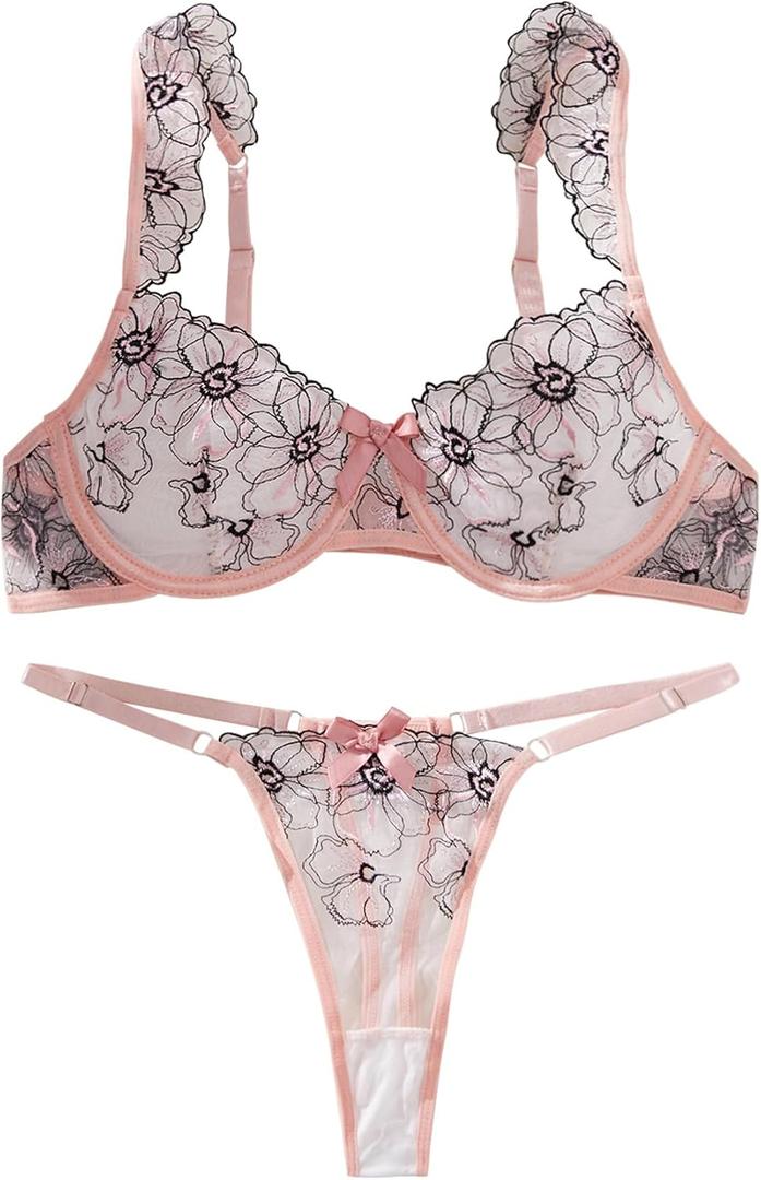Lilosy Women Sexy Floral Embroidered Mesh Sheer Underwire Push Up Lingerie Set (Large, Black Pink)