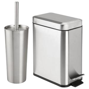 MDesign Metal Freestanding Slim Toilet Bowl Brush and Holder + Rectangle Narrow 5 Liter / 1.3 Gallon Step Pedal Trash Can Wastebasket for Bathroom Small, Compact Design Set of 2 Soft Brass