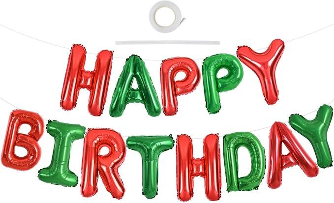 TONIFUL Red Green Happy Birthday Balloons Banner,16 Inch Mylar Foil Birthday Sign Banner for Girls Boys Kids & Adults Birthday Decorations Christmas Party New Year's Eve Supplies