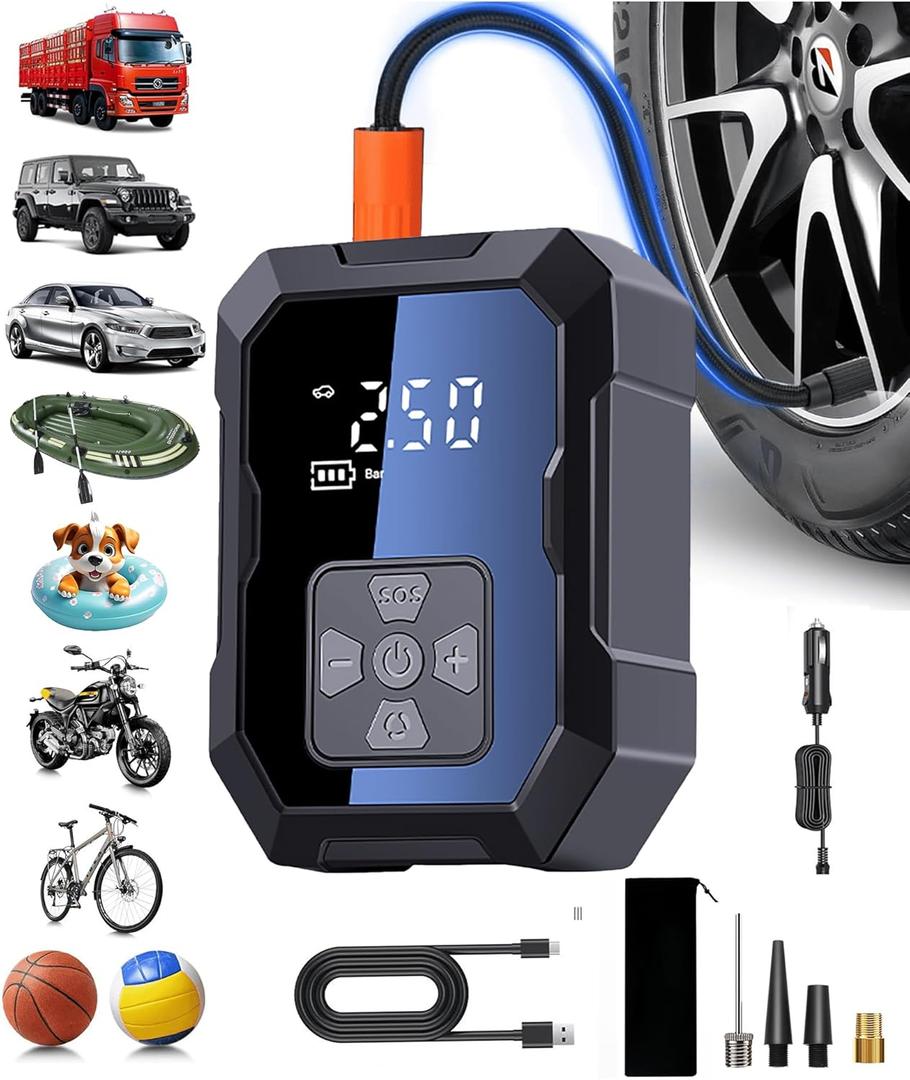 Tire Inflator Portable Air Compressor for Car, Ball Basketball Pump for Sports Balls Auto for Car Tires Bicycle w Gauge Values Display, 150PSI Power Battery Bike Pump Cordless (JT-WY-7075)