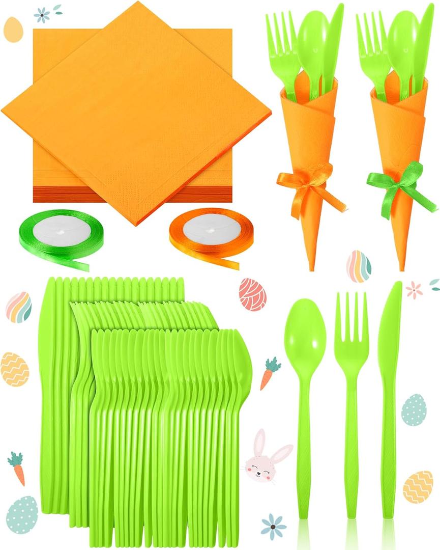 Domensi 24 Sets Easter Party Supplies Tableware Easter Utensils Plastic Cutlery Cocktail Carrot Napkins Spoons Forks Knives and Satin Ribbon (Orange and Green)
